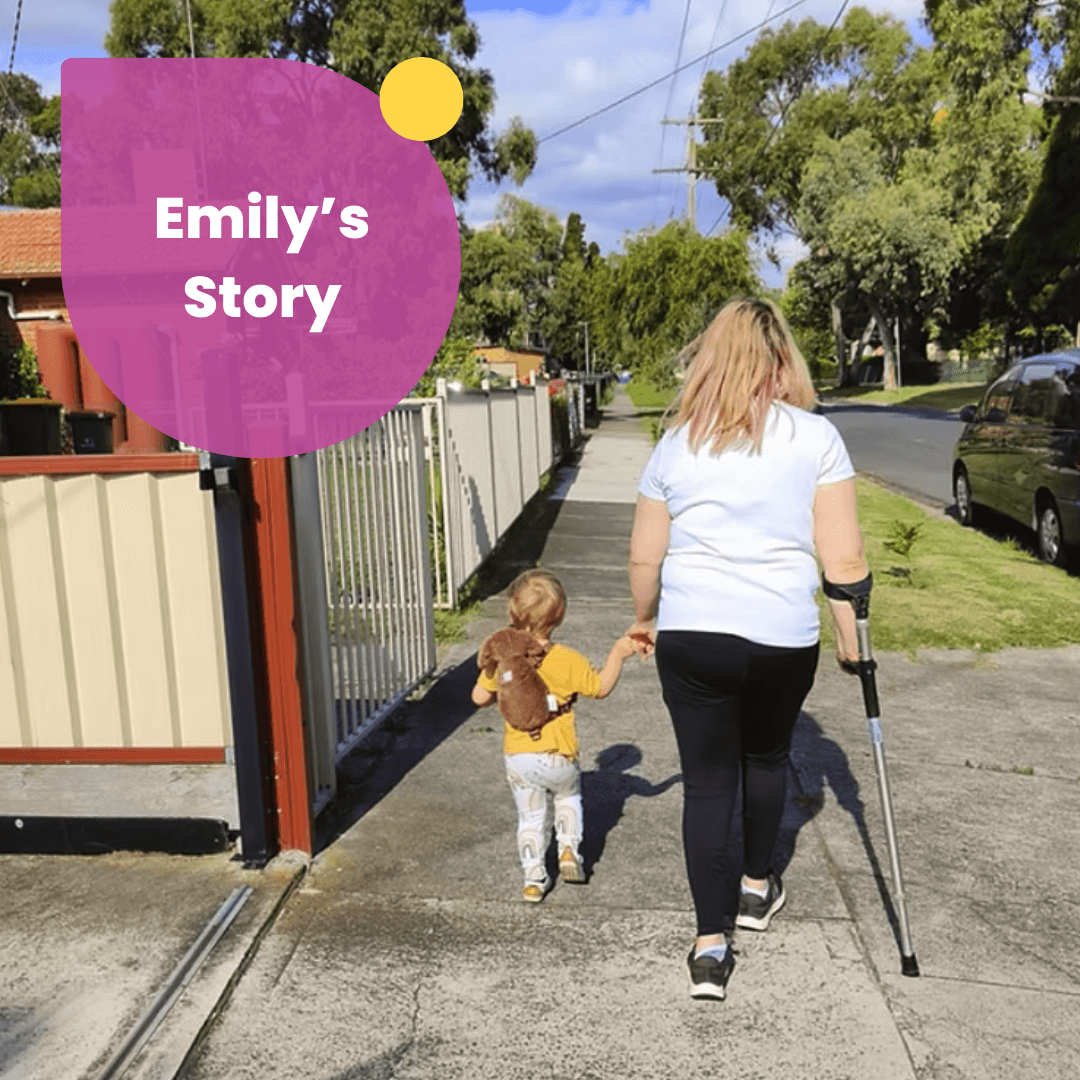 Lady is walking a young child on a footpath. Text says Emily's sotry.