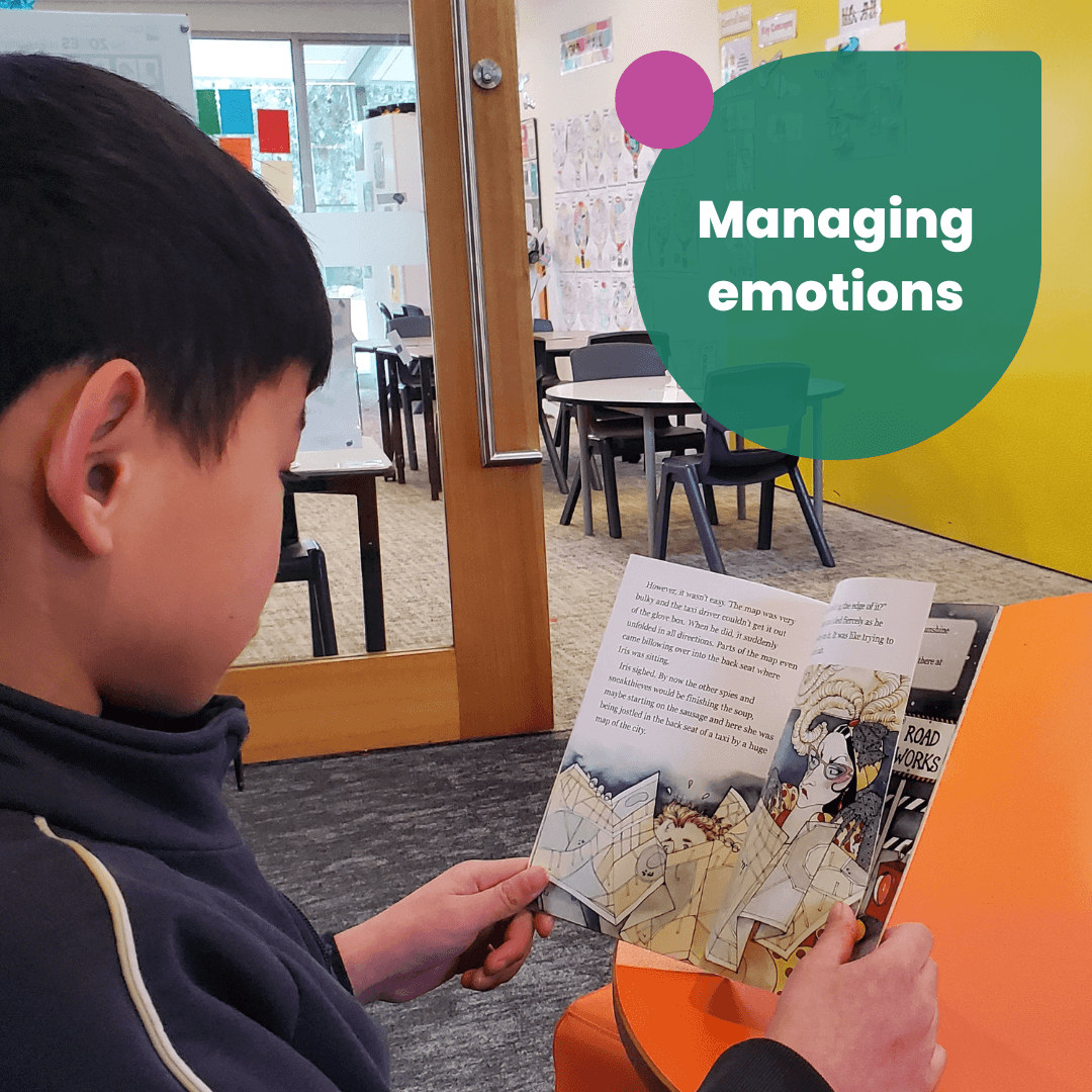 Boy is reading a book. Text says Managing emotions.