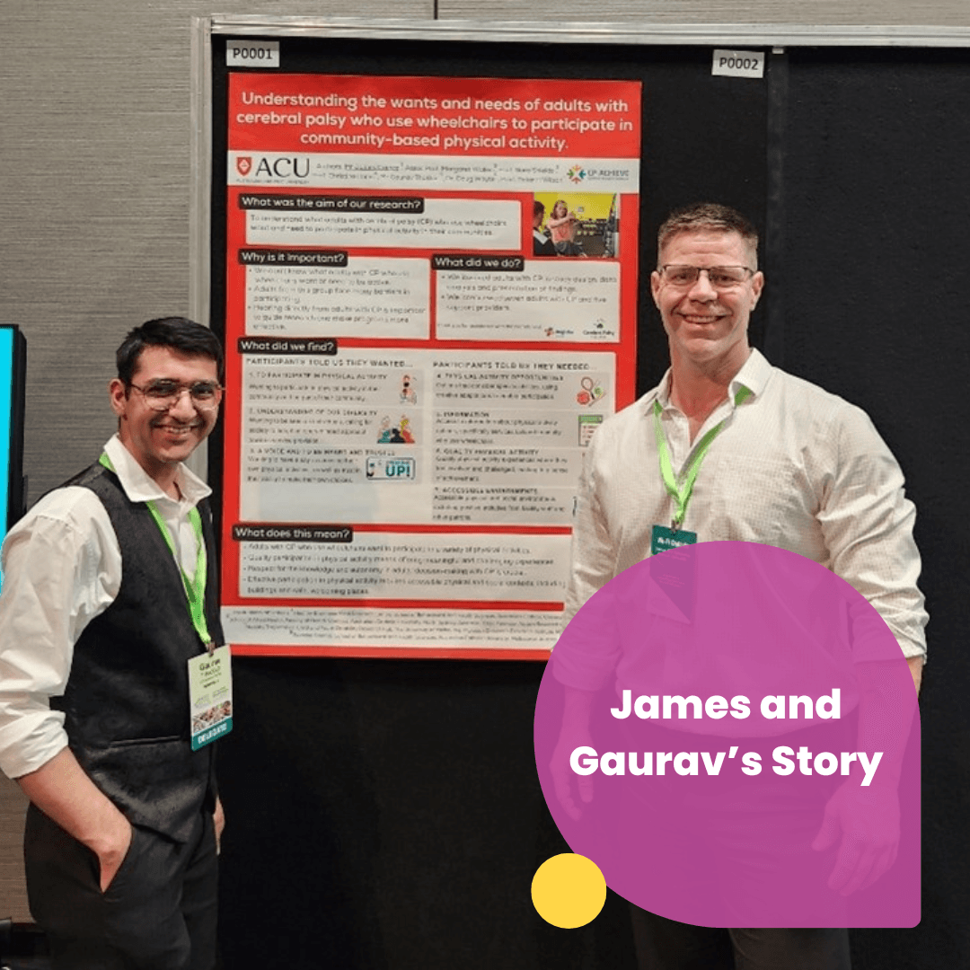 Two men are wearing glasses and smiling. Text says James and Gaurav's story.